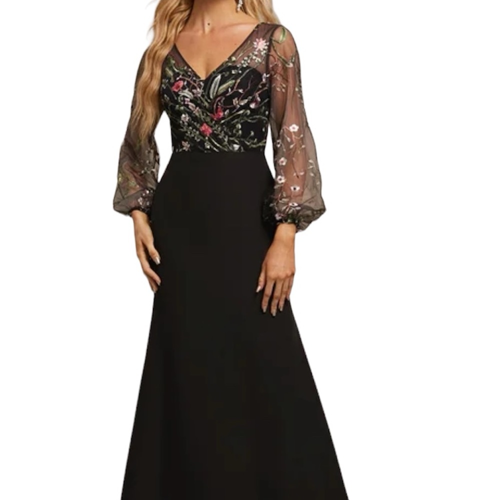 JJ's House Floral Embroidered V-Neck Illusion Gown Black Mesh Maxi Dress NEW 4